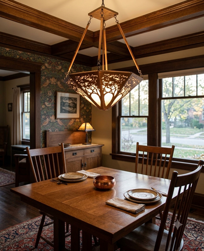 A rustic wooden dining room featuring a large, intricate copper chandelier hanging over a wooden dining table set with plates and chairs.