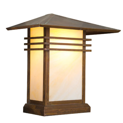 Wooden outdoor lantern with warm glow on a white background