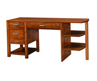 Wooden desk with drawers and shelves on a white background