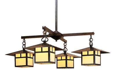 Chandelier with four square glass shades on a white background