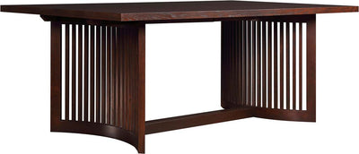 Dark wooden table with slatted design on a white background