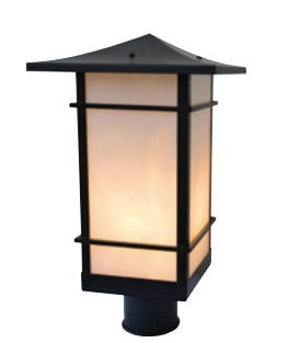 An outdoor post cap light fixture with a black metal frame and a warm white illuminated glass panel, shown against a plain white background.