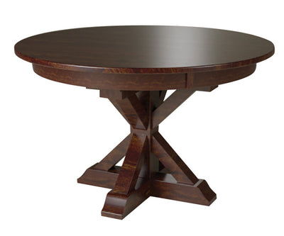 Round wooden table with a dark brown finish on a white background