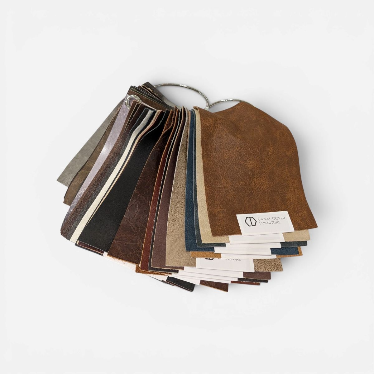 Canal Dover leather swatches showing Purely Protected, Aniline, Pigmented, Semi-Aniline, and Crypton leather types