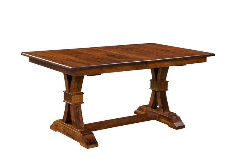 A dark brown wooden dining table with a rectangular top, trestle-style legs, and a stretcher base, shown on a plain white background.