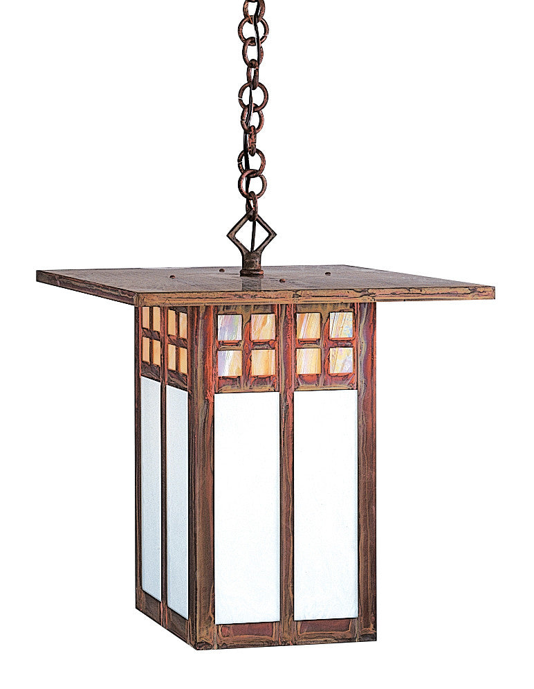 Decorative hanging lantern with glass panels on a white background