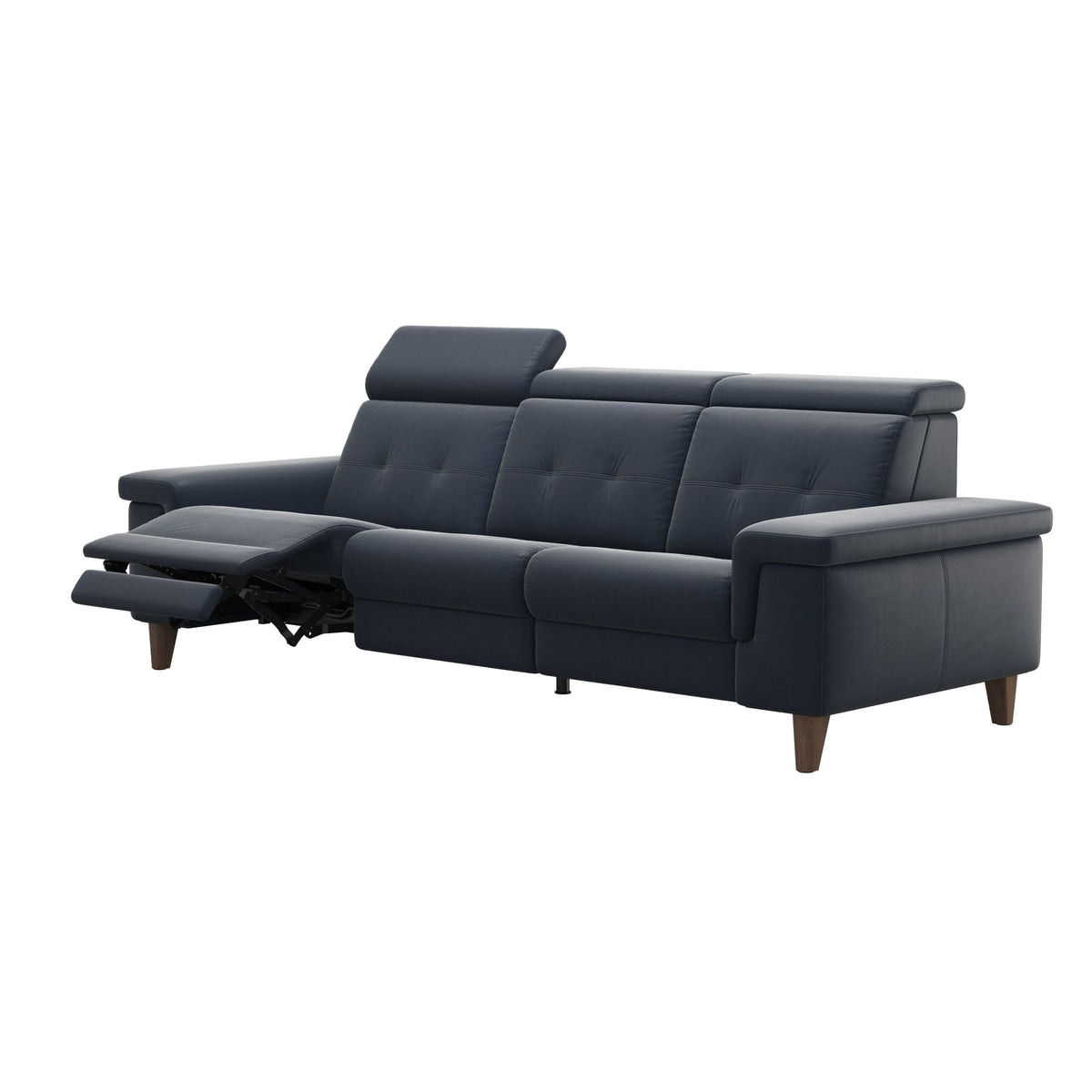 Stressless Anna A2 3-seat power sofa, Wood Cone in Walnut, Paloma Oxford Blue leather
