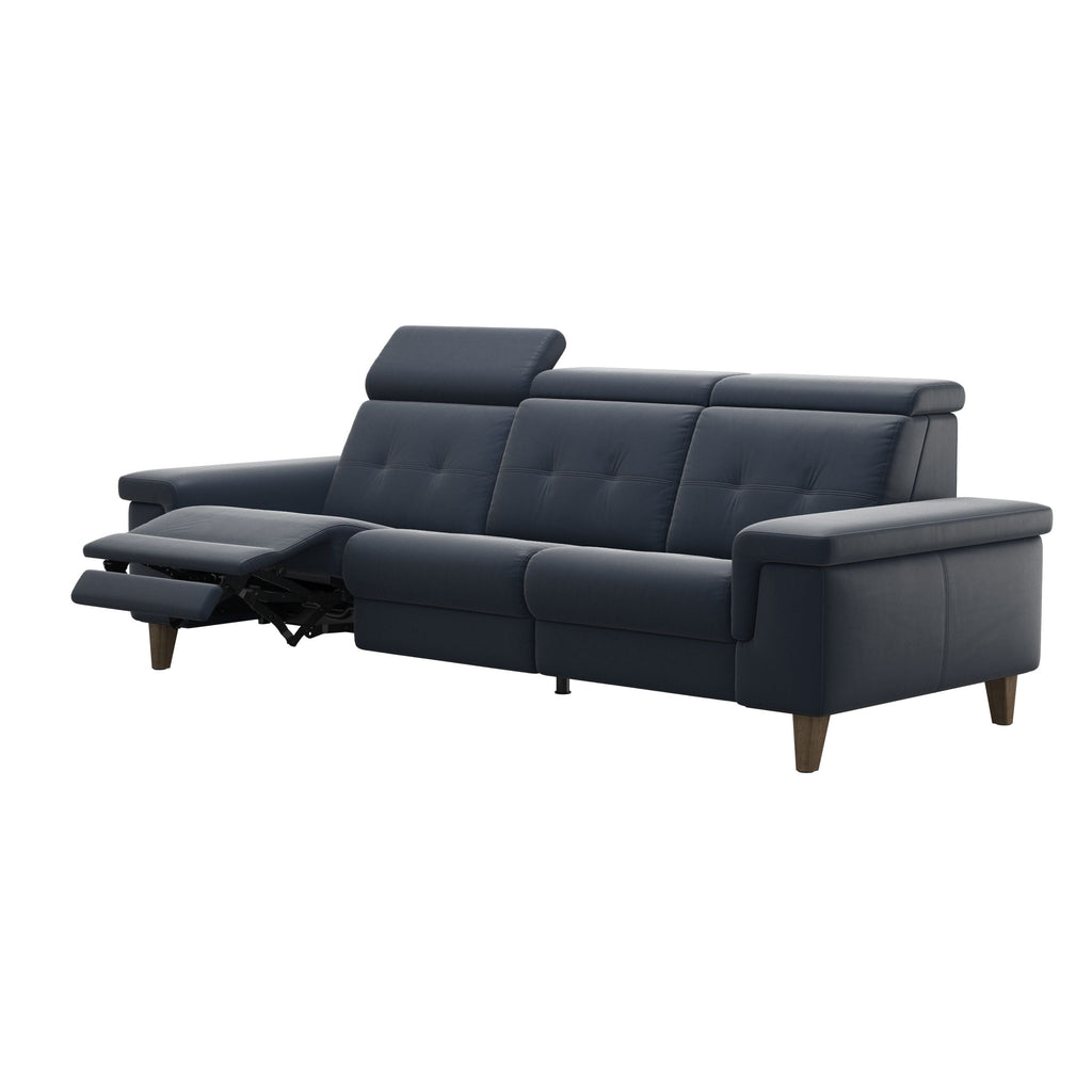 Stressless Anna A2 3-seat power sofa, Wood Cone in Smoked Oak, Paloma Oxford Blue leather