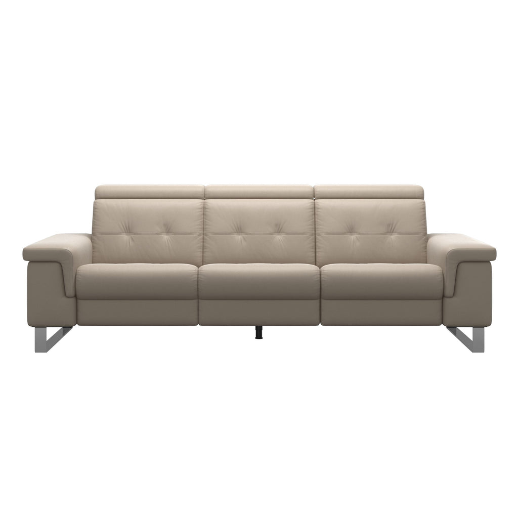 Stressless Anna A2 3-seat power sofa, steel bow base in polished metal, Paloma Mushroom leather – front view
