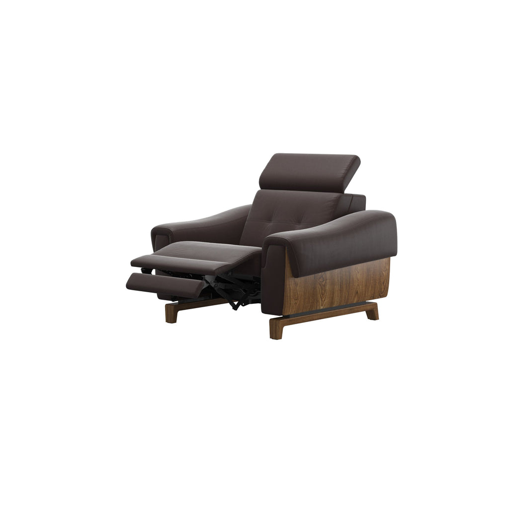 Stressless Anna A3 1-seat power chair, Wood Bow in Teak with matching Teak arm panels, Paloma Chocolate leather