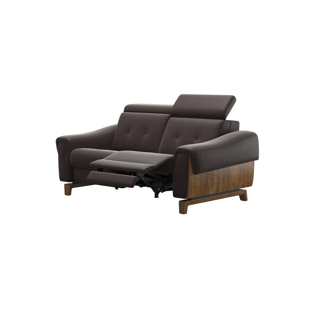 Stressless Anna A3 2-seat power sofa, Wood Bow in Teak with matching Teak arm panels, Paloma Chocolate leather