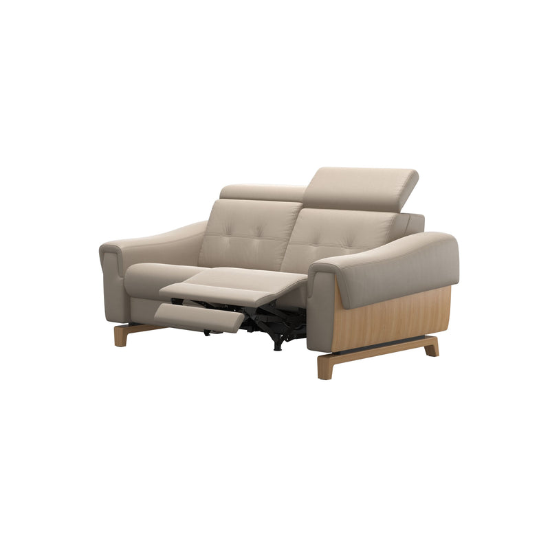 Stressless Anna A3 2-seat power sofa, Wood Bow in Oak with matching Oak arm panels, Paloma Mushroom leather