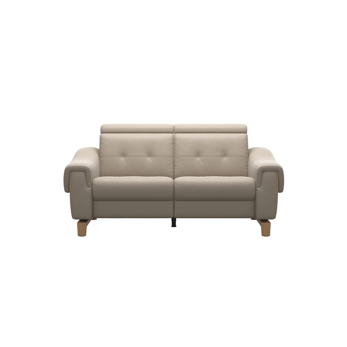 Stressless Anna A3 2-seat power sofa, Wood Bow in Oak with matching Oak arm panels, Paloma Mushroom leather – front view