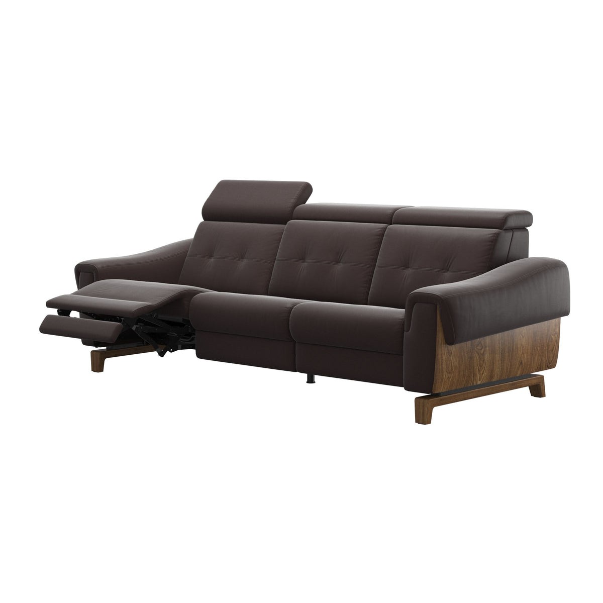 Stressless Anna A3 3-seat power sofa, Wood Bow in Teak with matching Teak arm panels, Paloma Chocolate leather