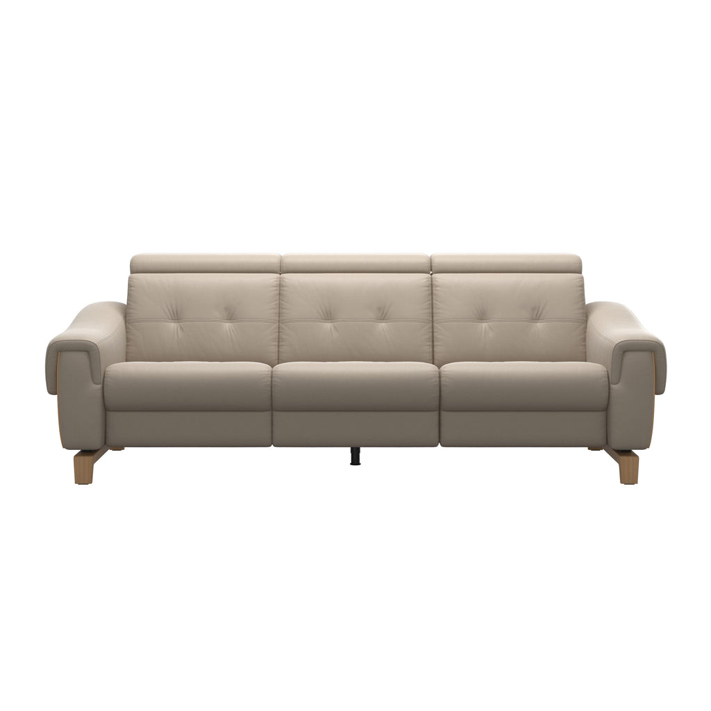 Stressless Anna A3 3-seat power sofa, Wood Bow in Oak with matching Oak arm panels, Paloma Mushroom leather – front view