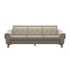 Stressless Anna A3 3-seat power sofa, Wood Bow in Oak with matching Oak arm panels, Paloma Mushroom leather – front view