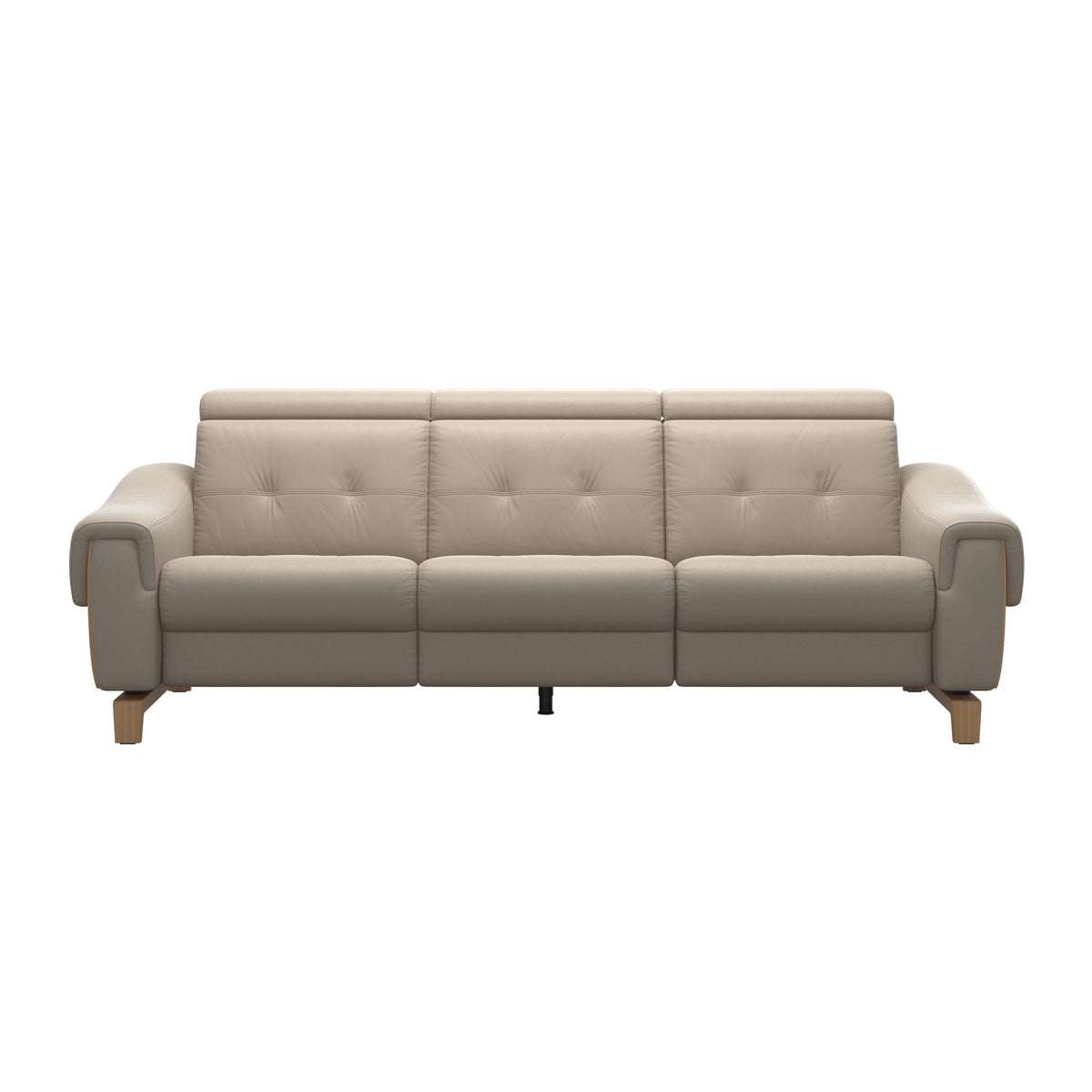 Stressless Anna A3 3-seat power sofa, Wood Bow in Oak with matching Oak arm panels, Paloma Mushroom leather – front view