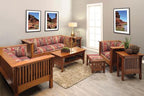 Living room with wooden furniture and framed pictures on a wall.