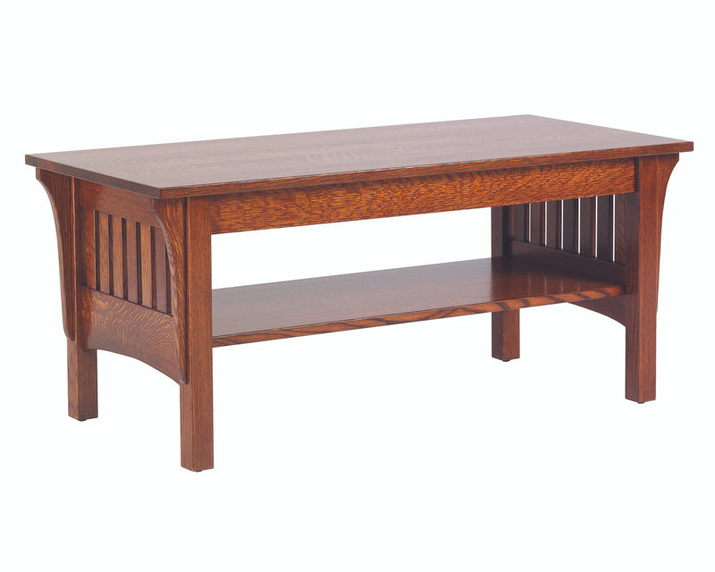 Wooden table with a shelf on a white background
