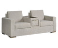 Serenity Center Console Loveseat – light grey upholstered loveseat with center console on a white background