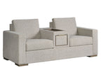 Serenity Center Console Loveseat – light grey upholstered loveseat with center console on a white background