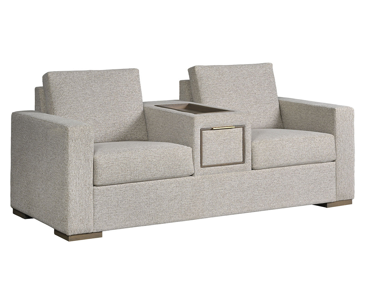 Serenity Center Console Loveseat – light grey upholstered loveseat with center console on a white background