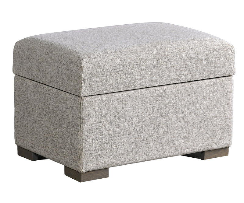 Gray textured storage ottoman on a white background