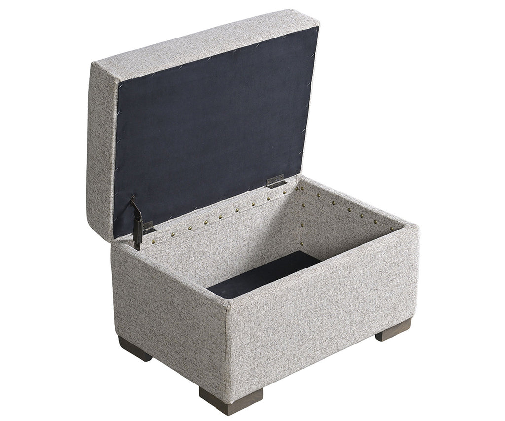 Gray storage ottoman with open lid on a white background