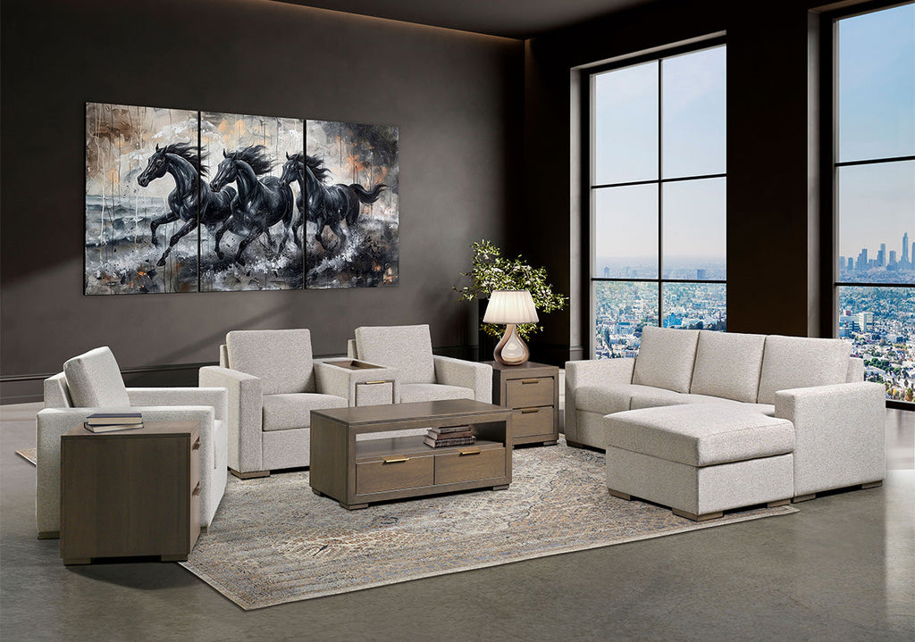 A staged modern living room featuring a light beige sectional sofa with a chaise, matching armchairs, a wooden coffee table, and a large multi-panel canvas wall art print depicting four black horses against a smoky background.