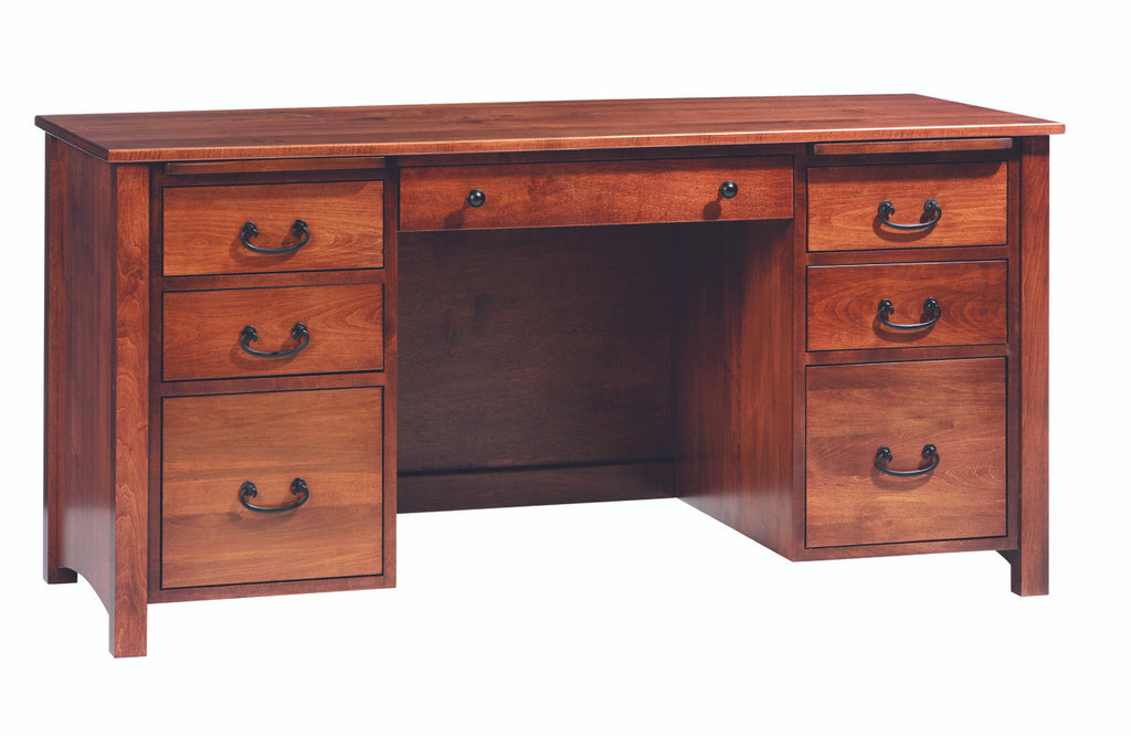 Wooden desk with multiple drawers on a white background