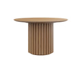 Wooden round table with a ribbed cylindrical base on a white background