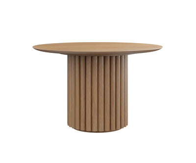 Wooden round table with a ribbed cylindrical base on a white background