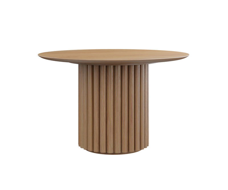Wooden round table with a ribbed cylindrical base on a white background