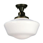 Ceiling light fixture with white glass shade and bronze metal fixture on a white background
