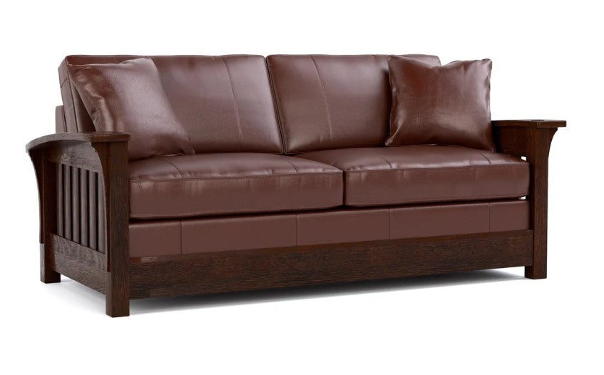 A three-seater sofa with dark brown leather cushions and a dark brown wooden frame, shown on a plain white background.