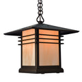 Decorative outdoor hanging light with black frame and glass panels on a white background