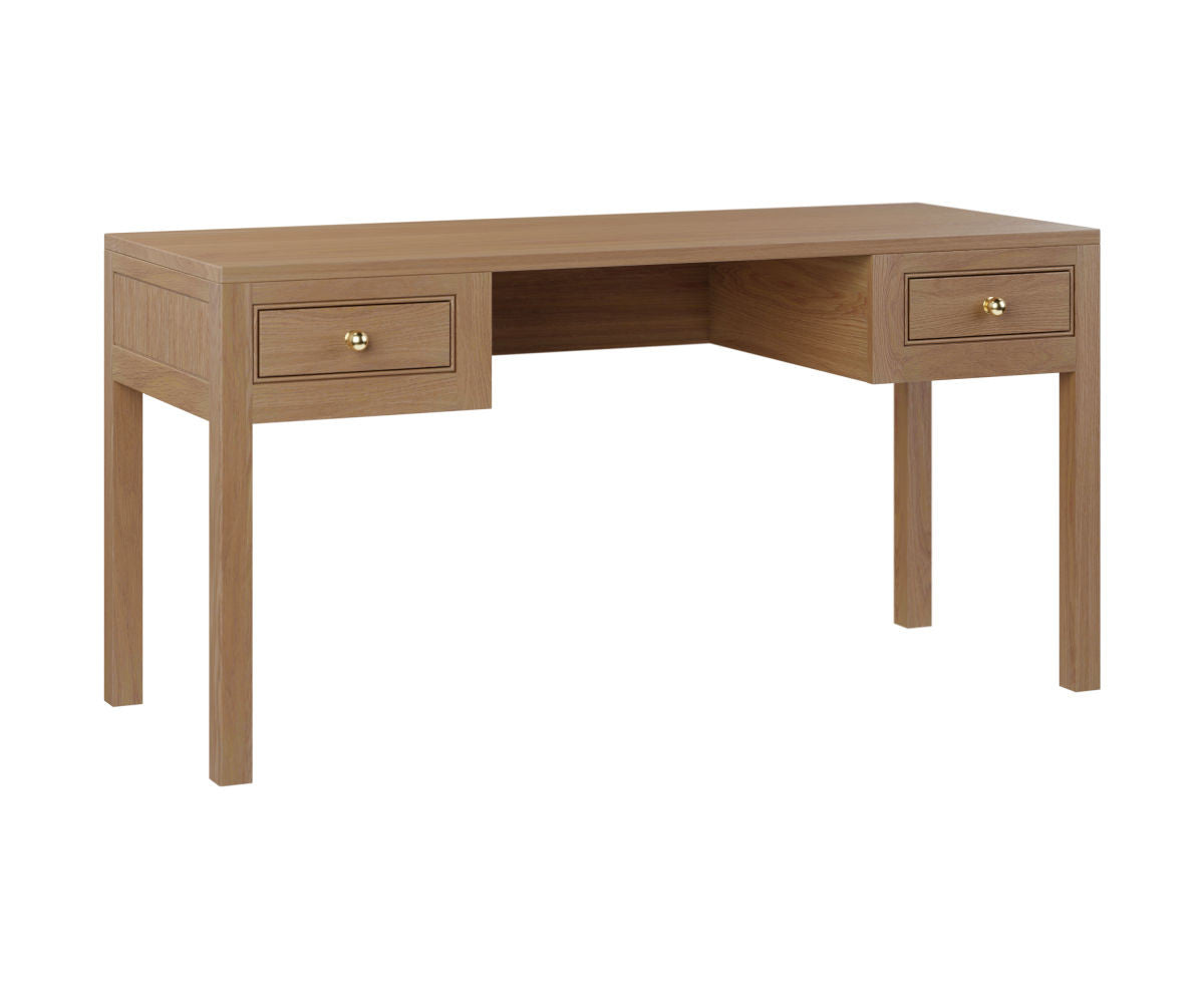 Wooden desk with two drawers on a white background