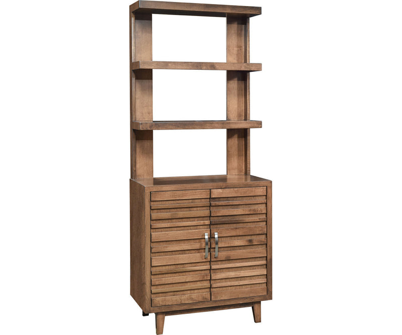 Wooden bookshelf with four shelves and two doors on a white background