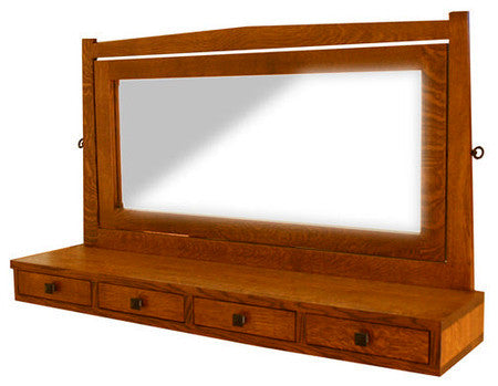 Wooden mirror with a shelf on a white background