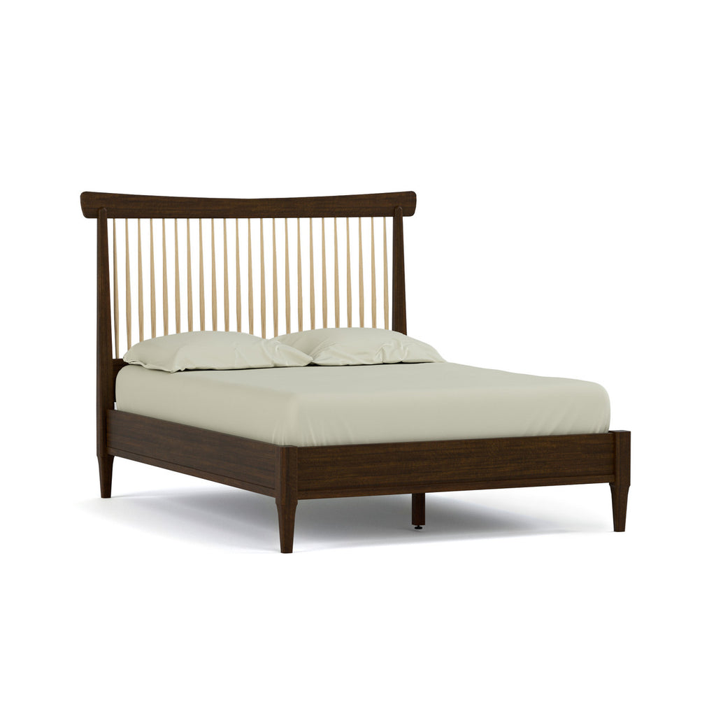 Wooden bed with white bedding on a white background