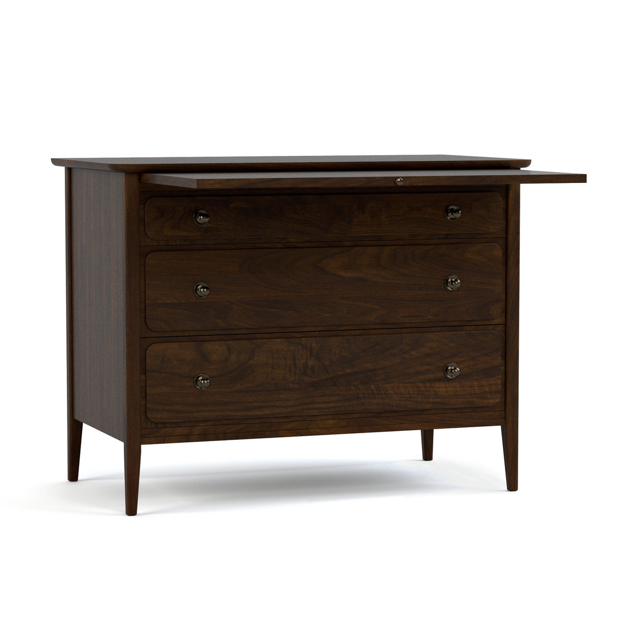 Dark wood dresser with three drawers.