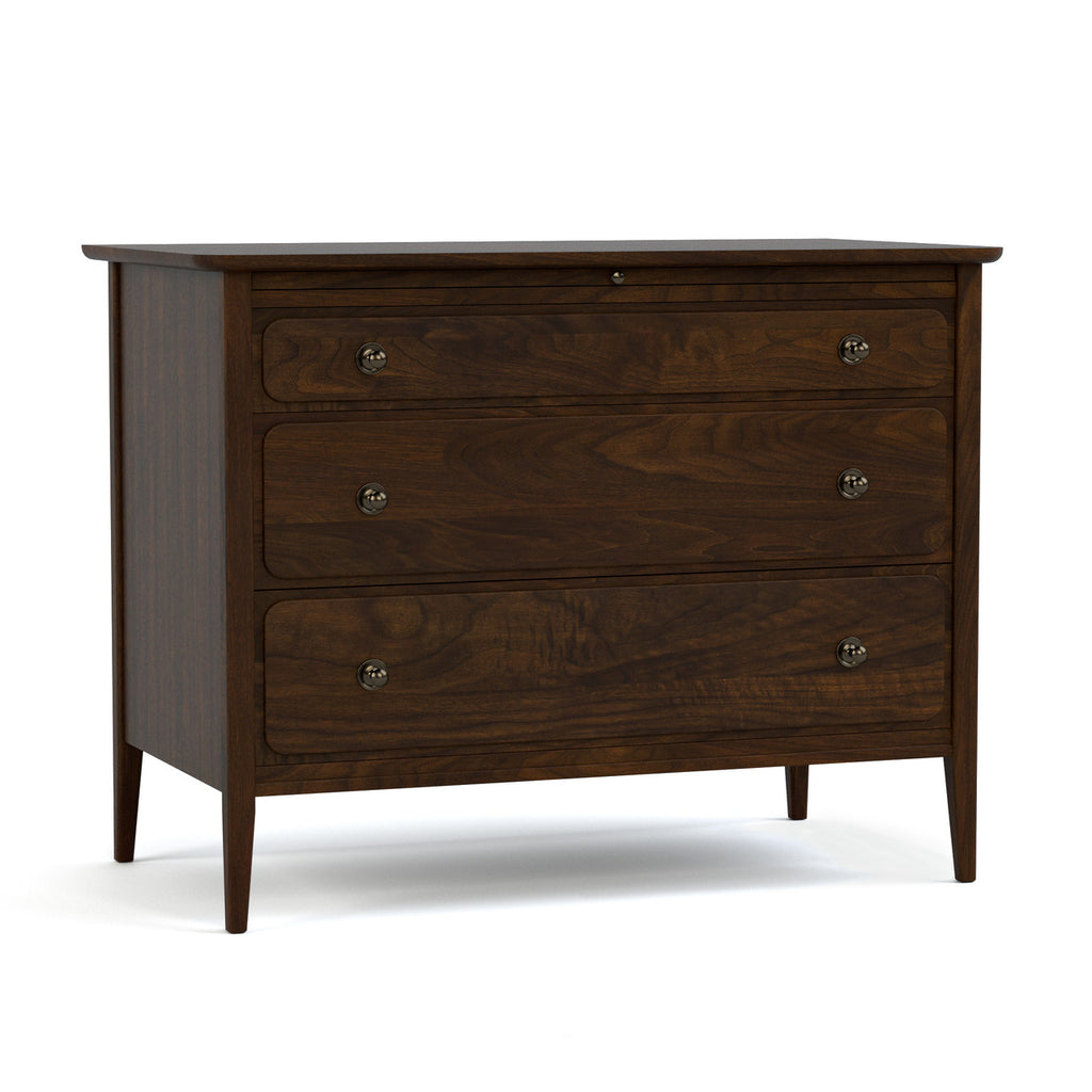 Dark wood dresser with three drawers on a white background