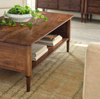Wooden coffee table with books and a plant on top in a living room setting.