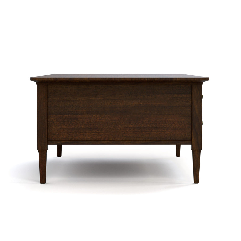 Dark wooden coffee table on a white background. Side view. 