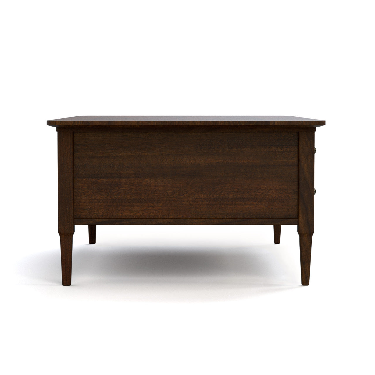 Dark wooden coffee table on a white background. Side view. 