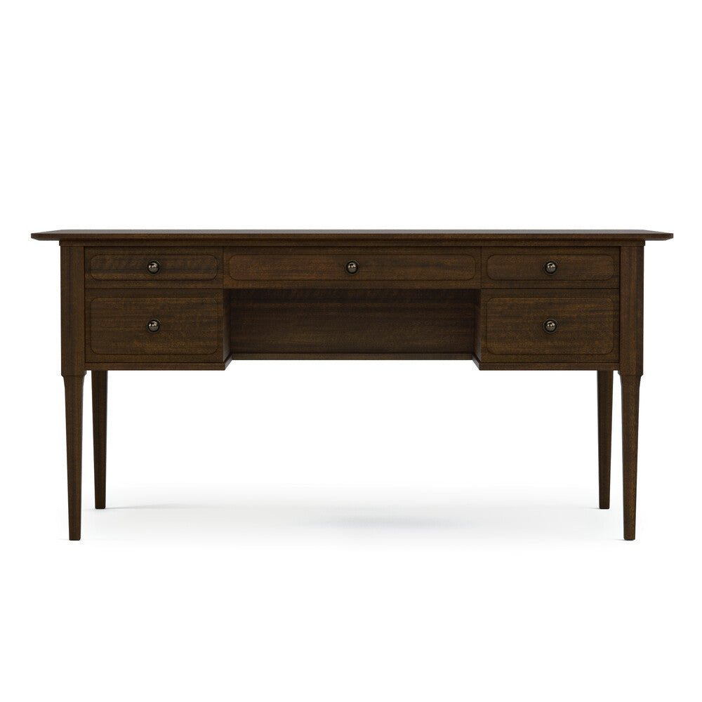Wooden desk with multiple drawers on a white background