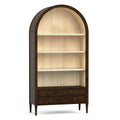 Wooden bookshelf with arched top and drawers on a white background