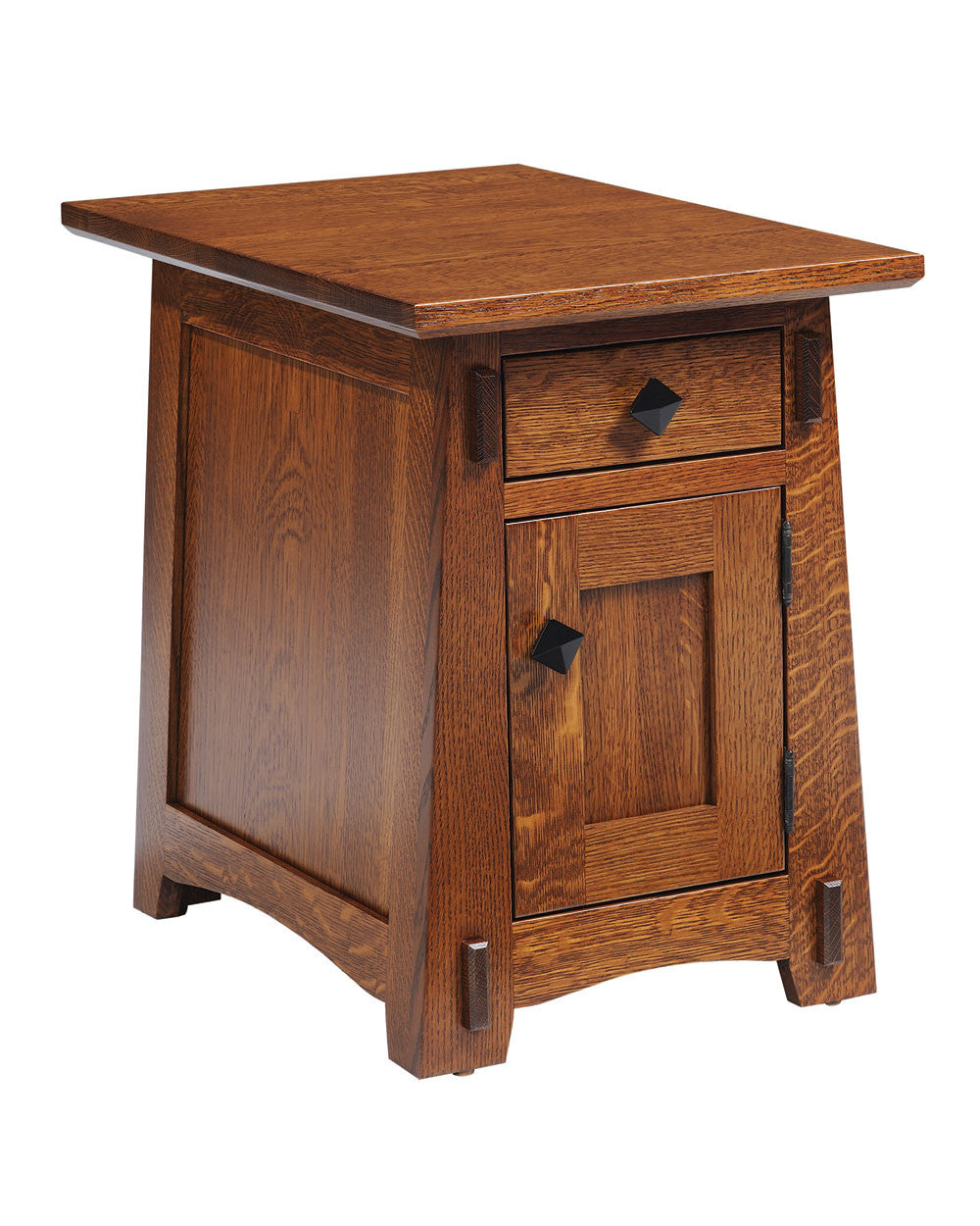 Wooden side table with a single drawer and cabinet door on a white background