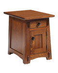 Wooden side table with a single drawer and cabinet door on a white background