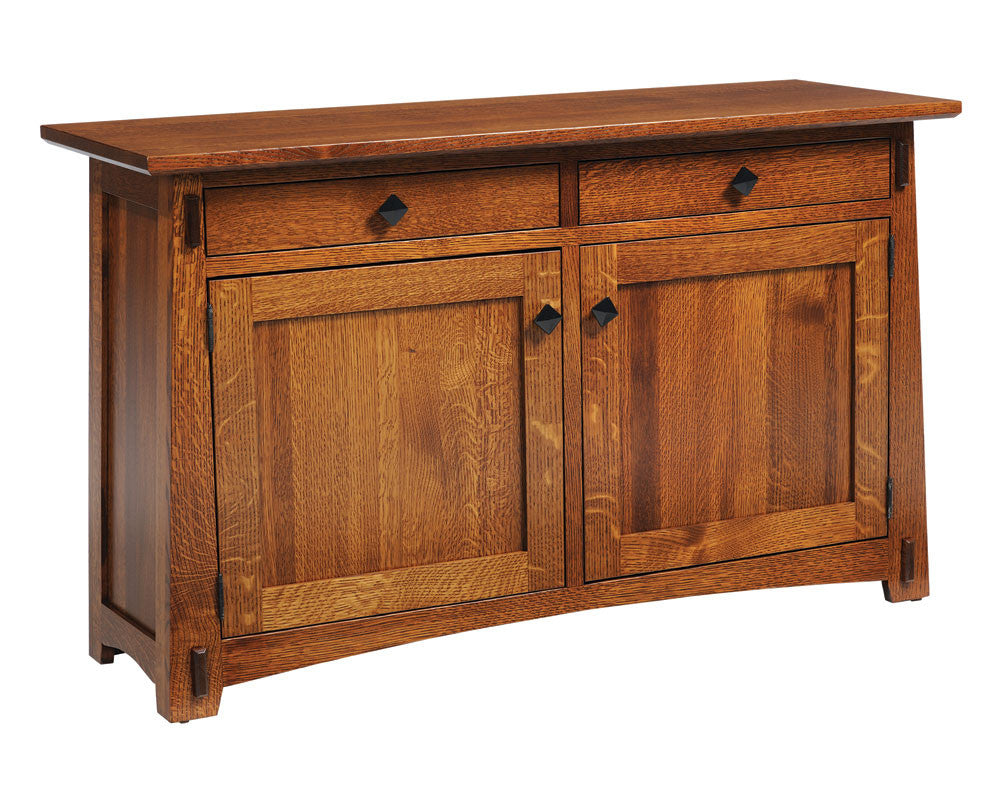 Wooden sideboard with two doors and two drawers on a white background